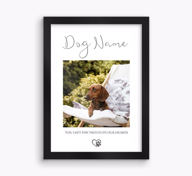 Paw prints on our hearts: {breedFullName} Personalised Photo Upload Framed Print 